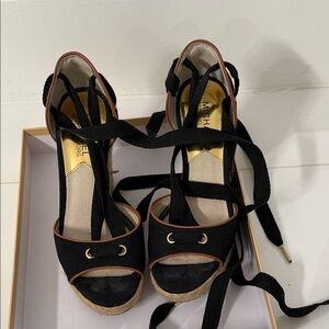 MICHAEL Michael Kors Black Canvas Espadrille Wedge Sandals with Tan Trim